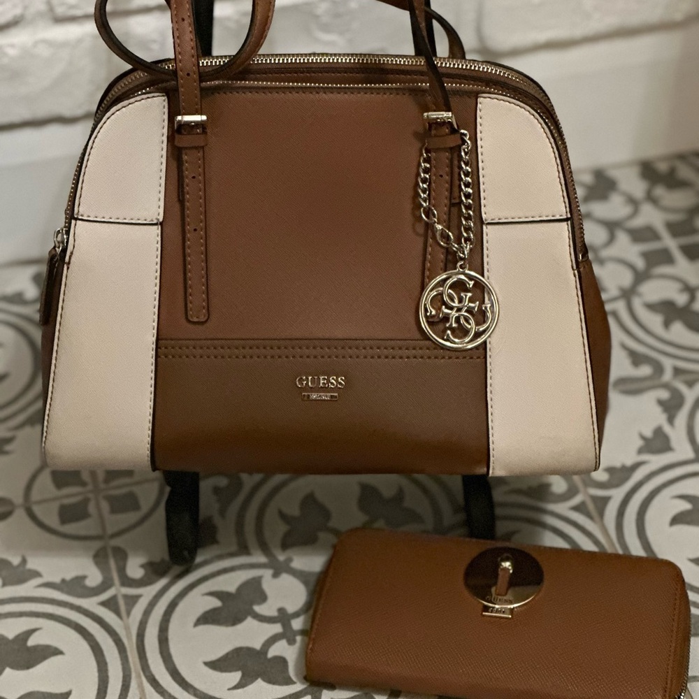 Guess Tan and Cream Satchel Bag Set